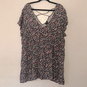 Torrid Cross Strap Back Floral Print Babydoll Tunic Style Top Blouse